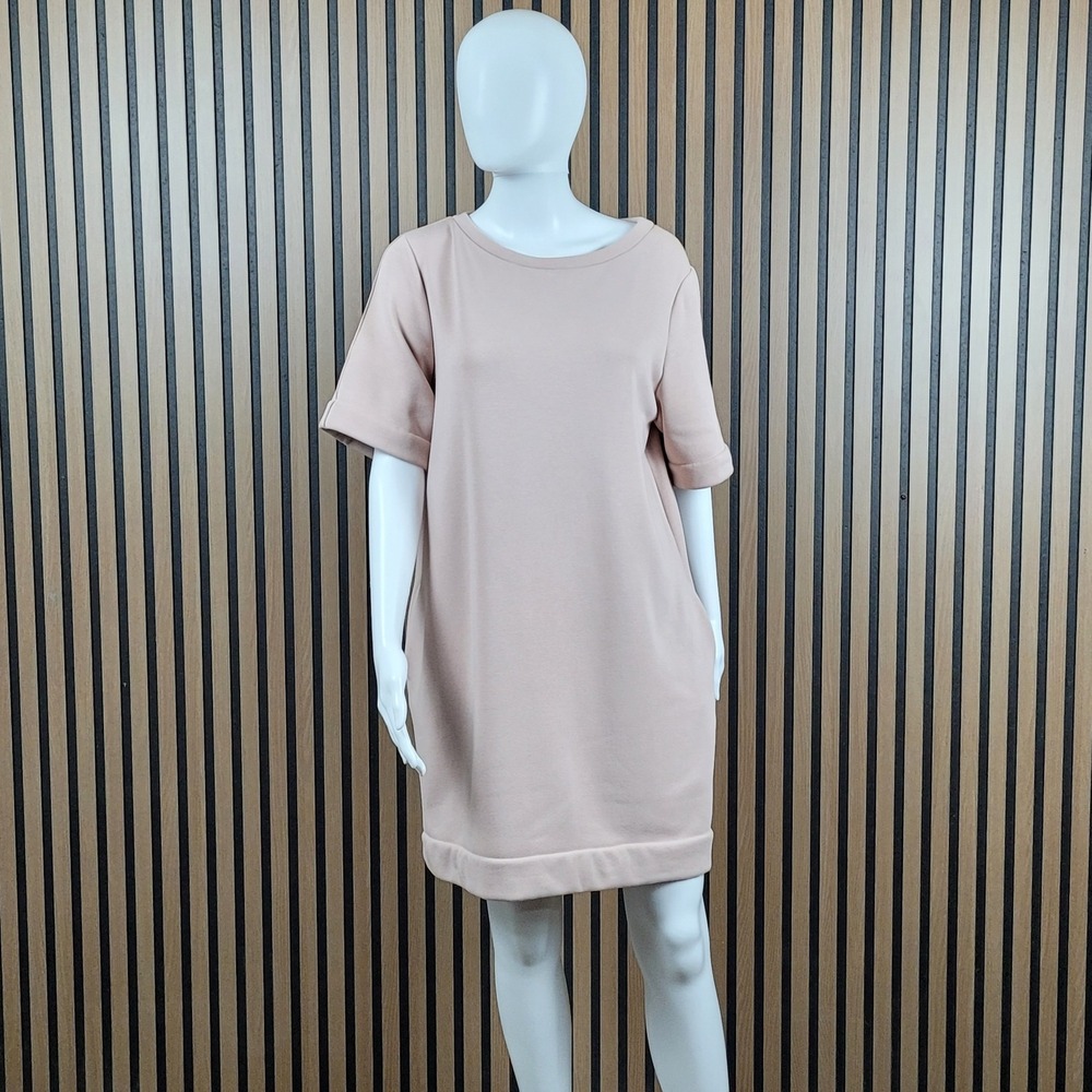 SHAN T-Shirt Dress Shift Fleece Lined Pockets Blush Pink Made in Canada M/L